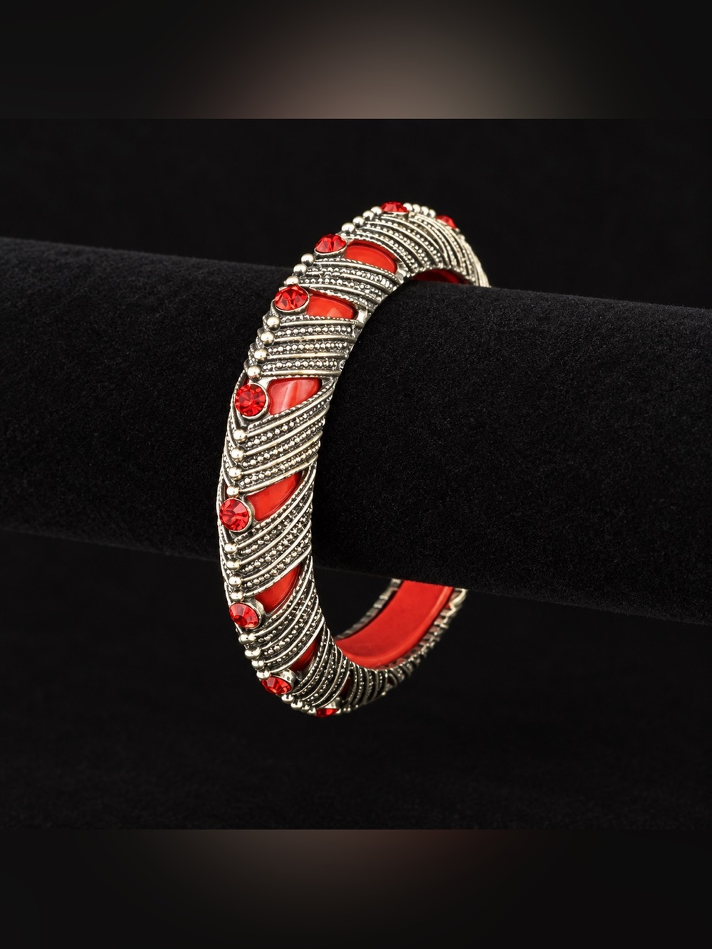 Red Rhinestone Silver-Tone Bangle Bracelet